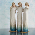 Willow Tree By my side, 9.5" hand-painted resin sculpture of 3 women standing, arms around each other, all in cream and blue ombré dresses with gold-leaf dots, on gold-leaf metal base, in front of pale blue painting