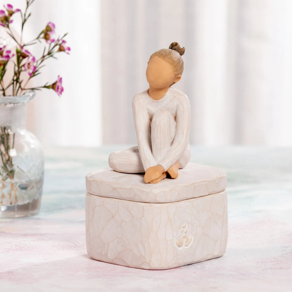 Willow Tree The Dancer Keepsake Box, 3.0"w x 3.25”d hand-painted resin box with 2.25”h figure of seated dancer in cream leotard affixed to lid