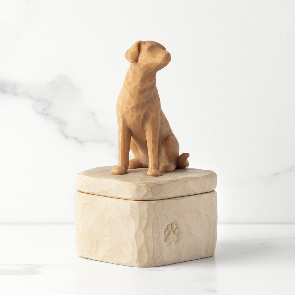 Putty-colored square resin box, 3-D figure of golden dog on lid, paw print carving on side of box